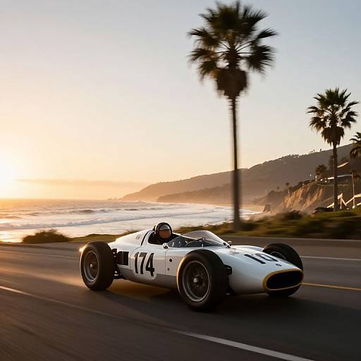 Photograph of a white vintage race car, numbered 174, speeding along a coastal road at sunset, with palm trees and ocean in the background.