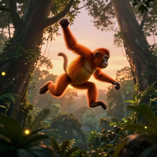 CGI image of a vibrant red-orange monkey mid-leap in a lush, sunlit jungle, surrounded by tall trees and glowing fireflies.