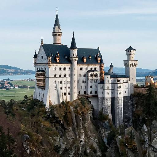 Photograph of a grand, white, medieval-style castle with multiple towers and steeply pitched roofs, surrounded by rocky terrain and lush greenery, under