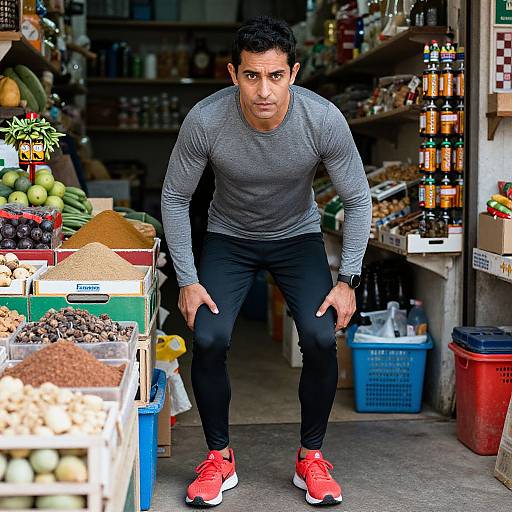 Photograph of a muscular, dark-haired man in a gray long-sleeve shirt and black pants, wearing red sneakers, bending slightly in a busy