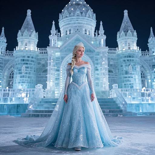 Photograph of a blonde woman in a sparkling blue ice queen gown and tiara, standing in front of a glowing, illuminated ice palace at night.