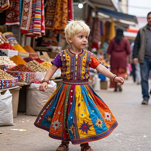 Blond Indian Child in Vibrant Marketplace