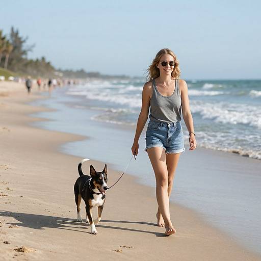 Woman and Dog Walking on Beach