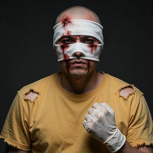 Intense Portrait of a Bandaged Bald Man