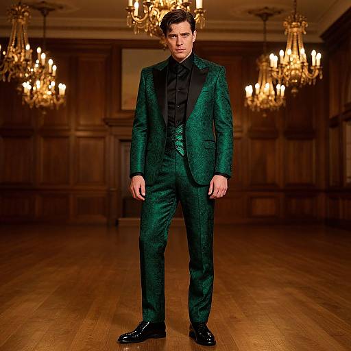 Photograph of a serious-looking man in a dark green, textured suit with black shirt, standing in a grand, dimly-lit room with orn