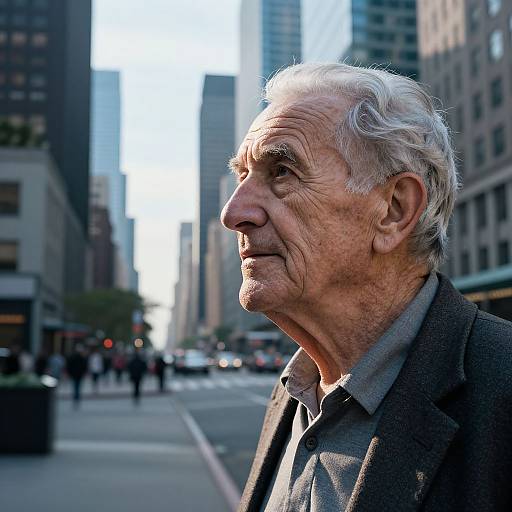 Photograph of an elderly white man with white hair, deep wrinkles, wearing a gray shirt and dark blazer, standing on a busy city street with