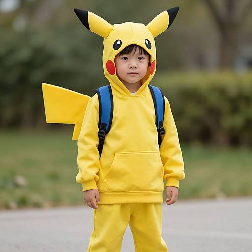 Photograph of a young Asian boy in a Pikachu costume, yellow hood with black ears, red cheeks, blue backpack, standing outdoors.