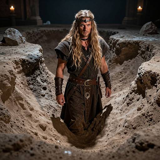 Photograph of a muscular, long-haired man in medieval armor, with a headband, walking through a dark, rocky cave illuminated by torches.