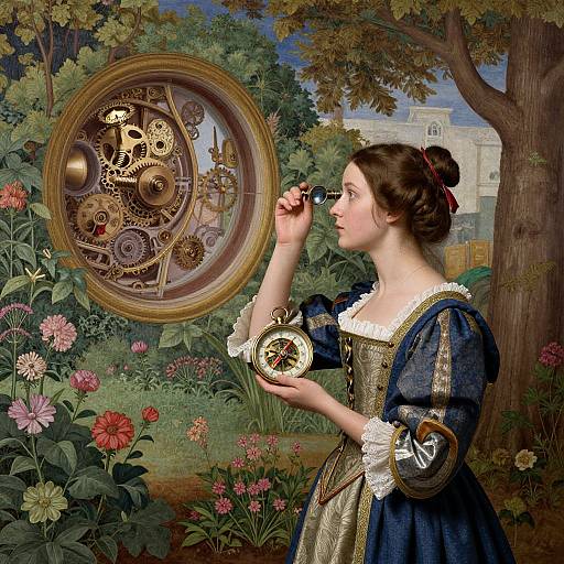 Victorian woman in blue dress admires steampunk clockwork circle in lush garden, holding pocket watch, detailed flowers, cityscape background.