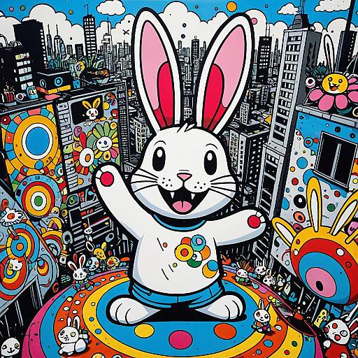 Vibrant Lowbrow Art of Jovial Rabbit on City Rooftop