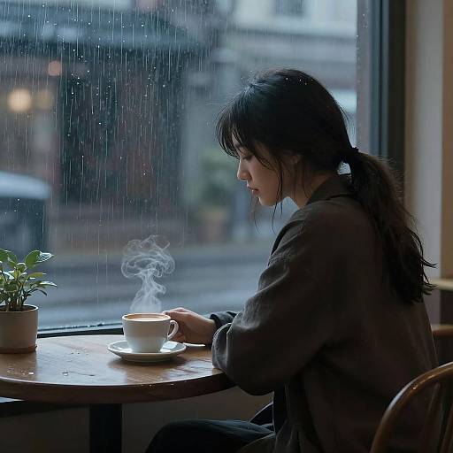 Contemplative Cafe Scene in Rain