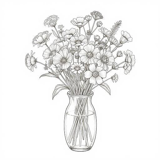 Black-and-white line drawing of a clear glass vase filled with a bouquet of daisies, featuring detailed petals and stems.