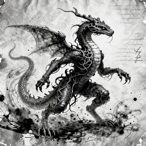 Digital black-and-white drawing of a fierce, detailed dragon with intricate scales, sharp claws, and swirling ink splatters in the background.