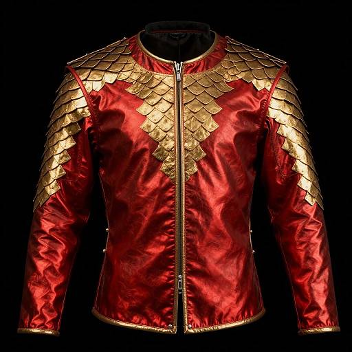 Photograph of a shiny red leather jacket with gold, scale-like shoulder armor, featuring a central zipper and a black background.