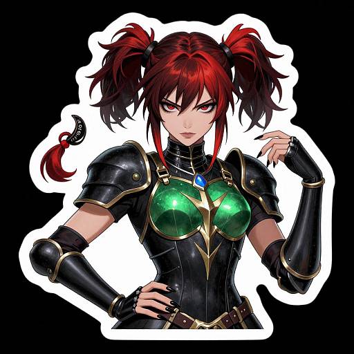 Digital anime-style illustration of a red-haired woman with twin ponytails, wearing black armor with green, gem-encrusted chest plates, and a
