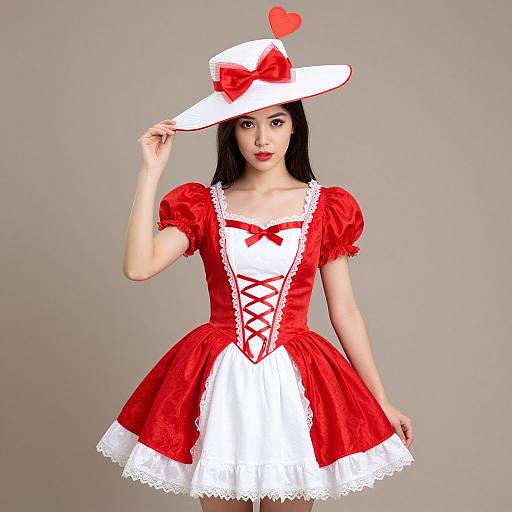 Photograph of an Asian woman in a red and white, lace-trimmed, Victorian-style dress with a matching hat adorned with a red bow and