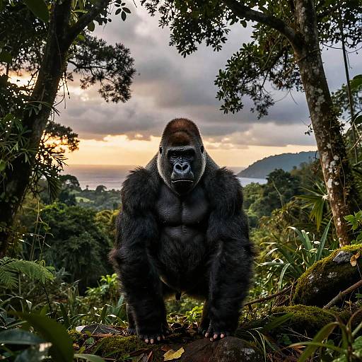 Photograph of a powerful, black-furred gorilla with a white-furred face, standing in a lush, dense jungle at sunset, with trees