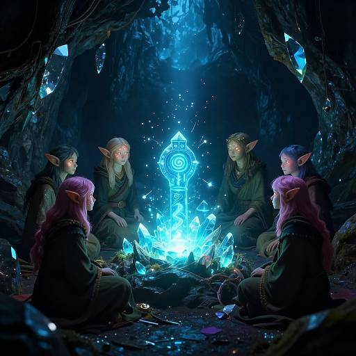 Elves Around Glowing Artifact in Crystal Cave