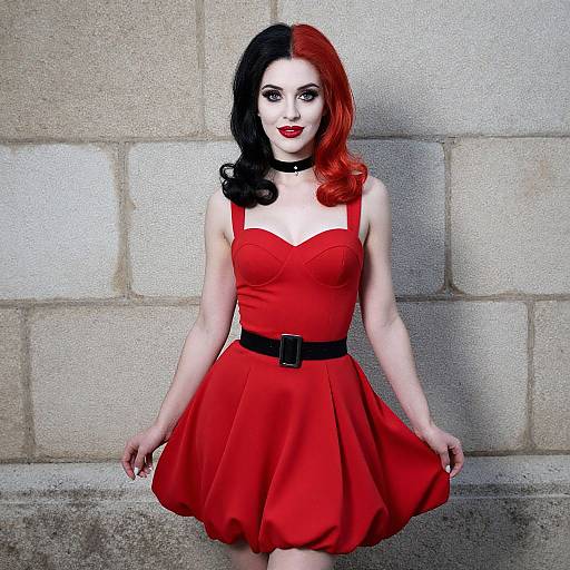 Photograph of a pale-skinned woman with black and red half-updo, wearing a red dress with black belt, standing against a beige brick wall