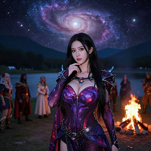 Digital artwork of a fair-skinned woman with long black hair in shimmering purple armor, standing by a campfire under a starry sky with a