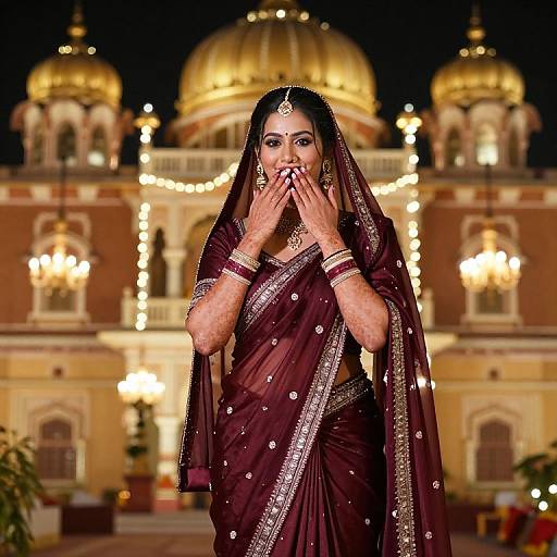 Photograph of a traditional Indian bride in a maroon saree with silver sequins, covering her mouth in surprise, standing in front of a brightly