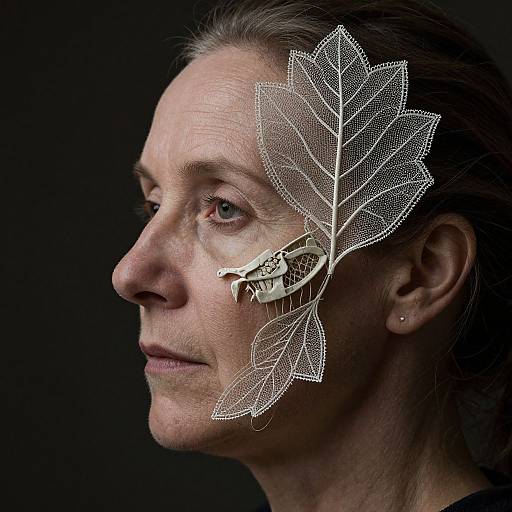 Photograph of a middle-aged woman in profile, with intricate white wire leaf and fish earrings on her forehead, against a dark background.