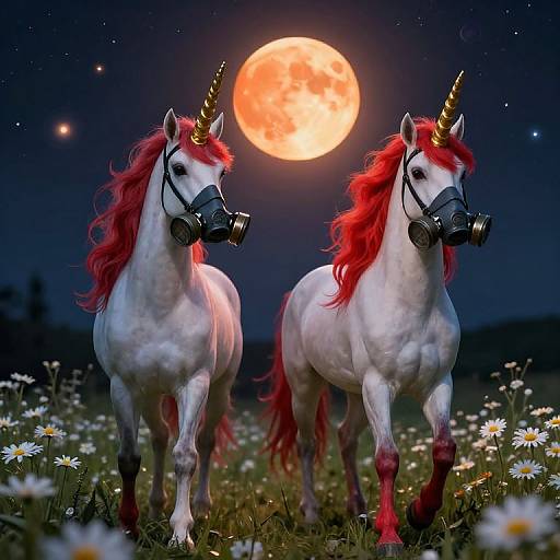 Digital artwork of two white unicorns with red manes and golden horns, wearing black muzzle masks, standing in a moonlit meadow of dais