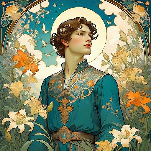Art Nouveau Man with Lilies and Halo