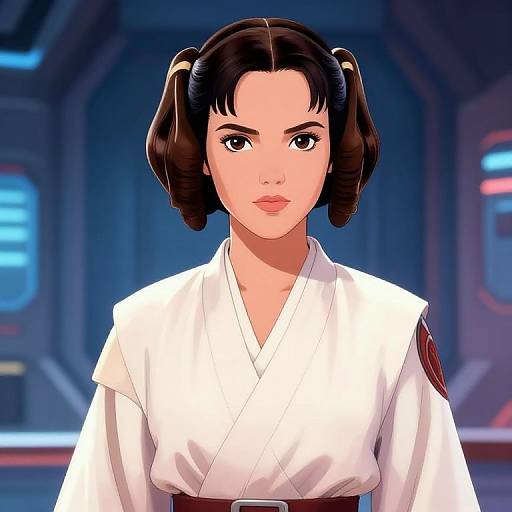 Digital anime-style portrait of a young woman with dark brown hair in twin buns, wearing a white martial arts gi, standing in a futuristic, blue