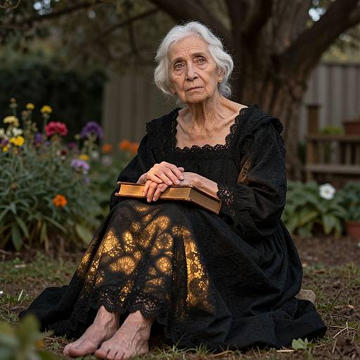 Photograph of an elderly white woman with white hair, wearing a black lace dress, sitting on grass holding a book, surrounded by colorful flowers in a