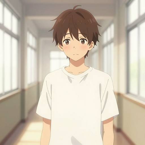 Anime-style digital drawing of a young boy with brown hair, wearing a white shirt, standing in a bright, sunlit hallway.