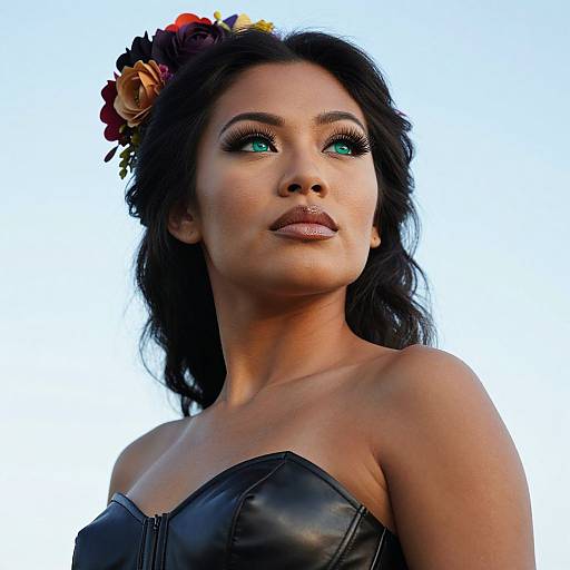 Photograph of a beautiful woman with dark hair, green eyes, and a floral headpiece, wearing a black leather strapless top against a bright sky