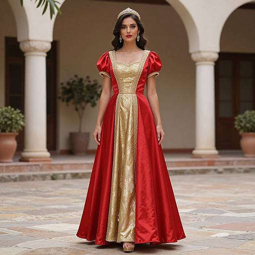 Photograph of a woman in a red and gold satin gown with puffed sleeves, wearing a jeweled tiara, standing on a tiled courtyard with