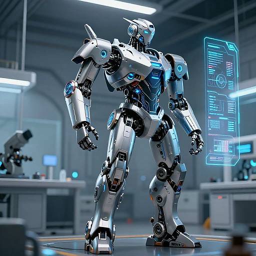 CGI image of a futuristic, silver humanoid robot with glowing blue accents, standing in a high-tech lab with neon screens and equipment.