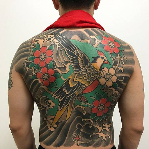 Photograph of a man from behind, showcasing an elaborate, colorful bird and flower tattoo covering his back, wearing a red scarf.