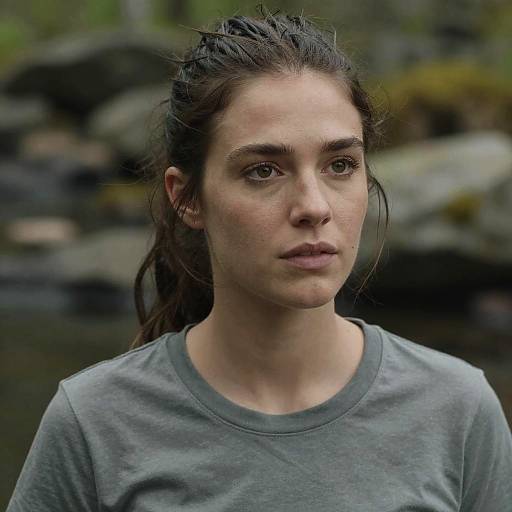 Photograph of a young woman with fair skin, dark brown hair in a messy ponytail, wearing a gray shirt, looking serious, with a blurred