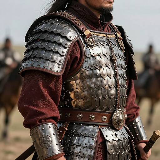 Photograph of a medieval warrior in detailed, overlapping steel armor, brown tunic, and leather belt, with blurred background of other armored figures.