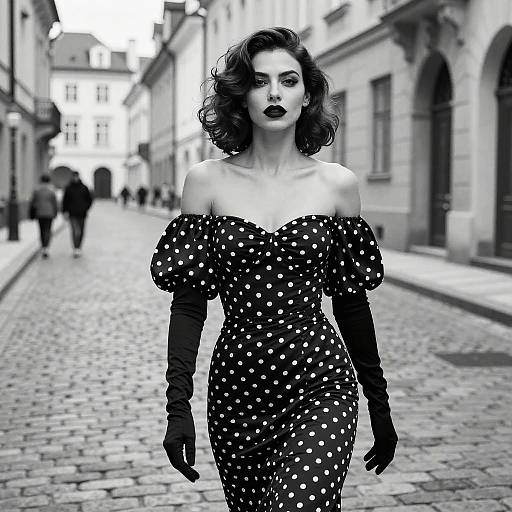 Black-and-white photograph of a curly-haired woman in a polka-dot off-shoulder dress and gloves, walking down a cobblestone street.