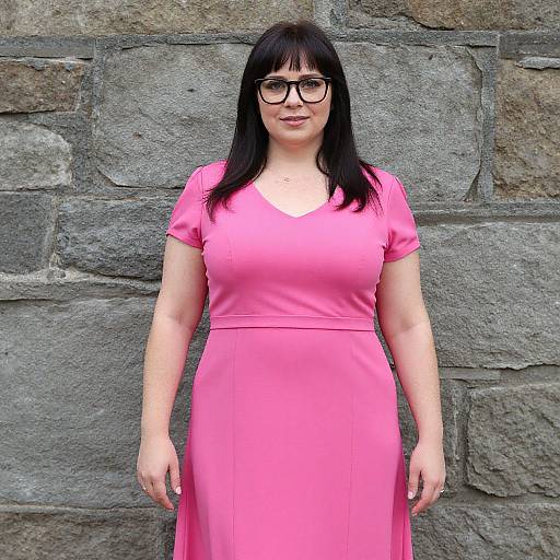 Photograph of a woman with black hair, glasses, and a pink dress, standing against a textured gray stone wall.