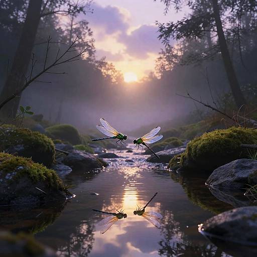 Photograph of two iridescent dragonflies hovering above a reflective forest stream, surrounded by moss-covered rocks and misty trees, with a glowing sunset