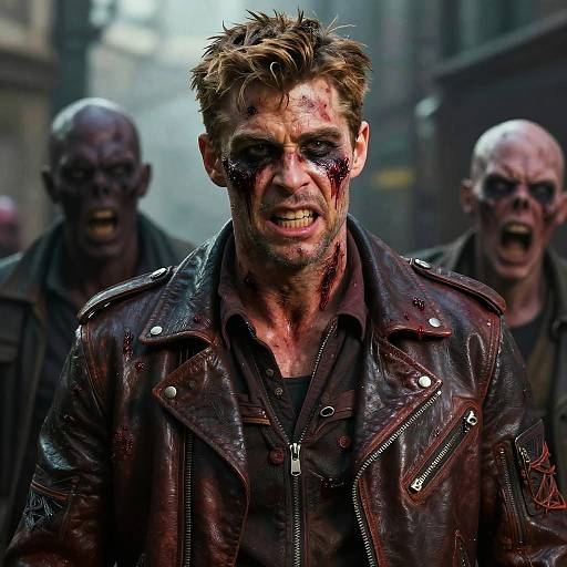 Angry Man with Battle Scars in Leather Jacket