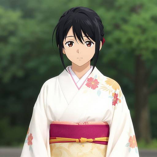 Digital anime-style portrait of a young woman with short black hair, wearing a white floral kimono with a red and yellow obi, standing in a