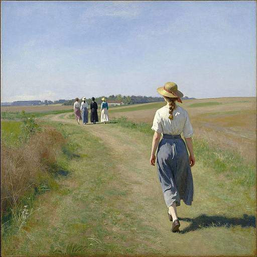 Photograph of a woman with braided hair, white blouse, and blue skirt walking on a dirt path, following a group in a sunny, grass