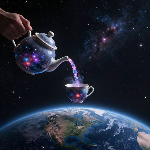 Photograph-like digital art of a hand pouring glowing, multicolored tea from a starry teapot into a matching cup above a glowing Earth against