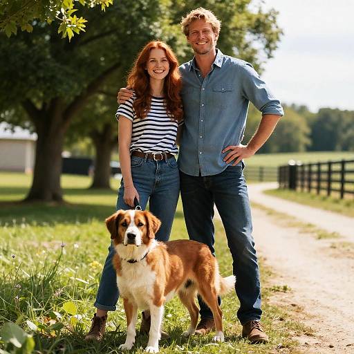 Cheerful Couple with Dog in Nature