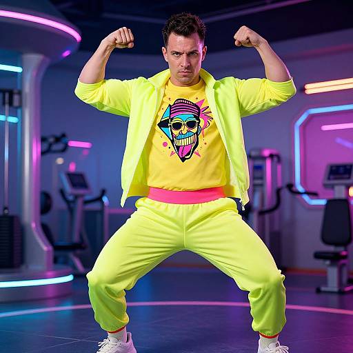 Photograph of a muscular man in a neon yellow suit, flexing in a brightly lit, neon-lit gym with colorful lights.