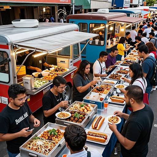 Photograph of a bustling street food market with diverse Asian men in black shirts, eating from large trays and hotdog carts under a blue and red bus