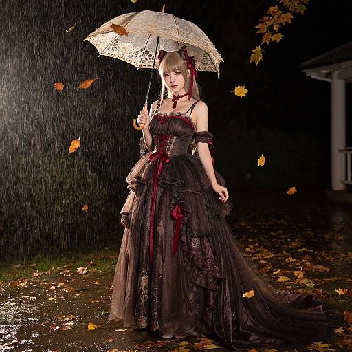 Gothic woman in black lace dress and red ribbon, holding lace umbrella, standing in rain with falling leaves, nighttime.