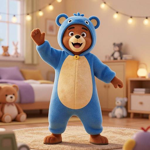 CGI image of a cheerful brown bear child in a blue bear onesie, standing in a warmly lit, cozy bedroom with string lights and stuffed toys
