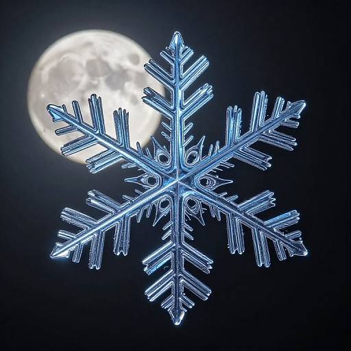Photograph of a glowing, translucent blue snowflake against a dark night sky, with a bright full moon in the background.